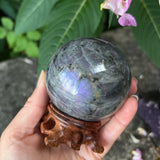 Purple Labradorite Sphere with Wooden Stand