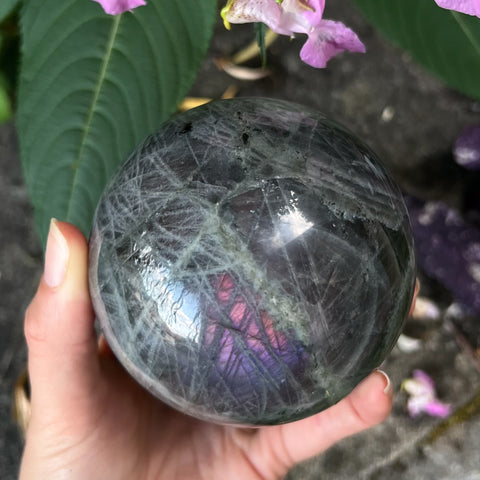 Purple Labradorite Sphere with Wooden Stand
