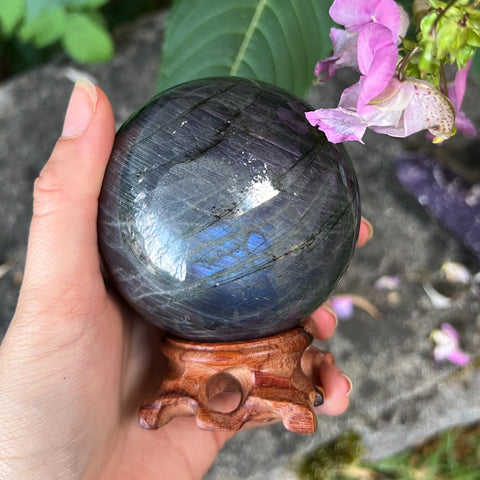 Purple Labradorite Sphere with Wooden Stand