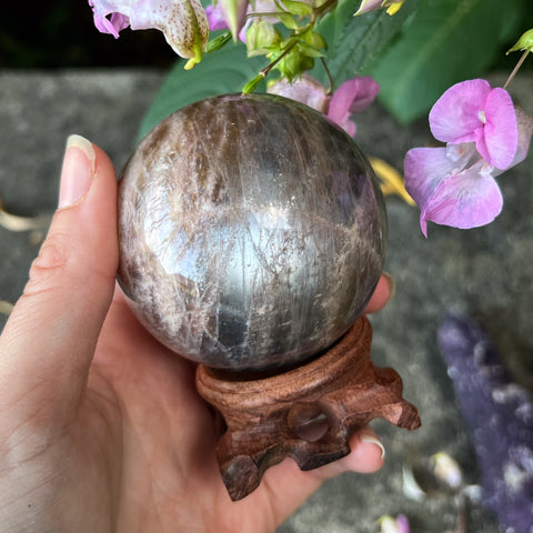 Black Moonstone & Sunstone Sphere with Wooden Stand