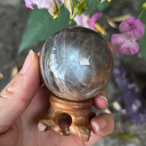 Black Moonstone & Sunstone Sphere with Wooden Stand