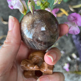 Black Moonstone & Sunstone Sphere with Wooden Stand
