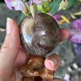 Black Moonstone & Sunstone Sphere with Wooden Stand