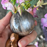 Black Moonstone & Sunstone Sphere with Wooden Stand