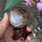 Black Moonstone & Sunstone Sphere with Wooden Stand