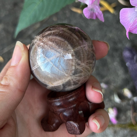 Black Moonstone & Sunstone Sphere with Wooden Stand