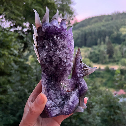 Amethyst Geode Nine Tail Fox Carving